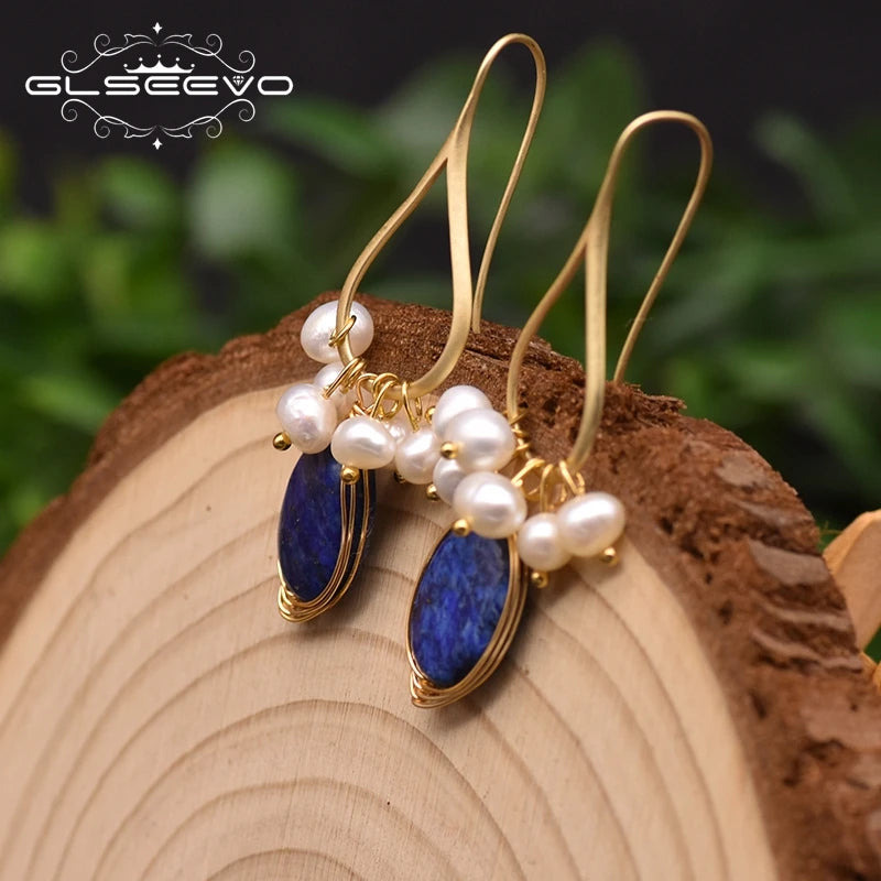 Natural Lapis Lazuli Pearl Temperament Drop Earrings for Women Girls Party Gift Original Design Luxury  Earrings Bulk