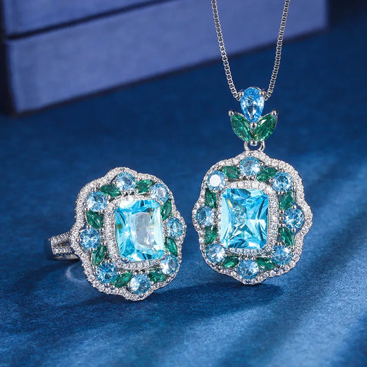 Gemfiori European and American Retro Jewelry Pendant Ring Set Jewelry clear Blue Zircon Fashionable High-end Ring