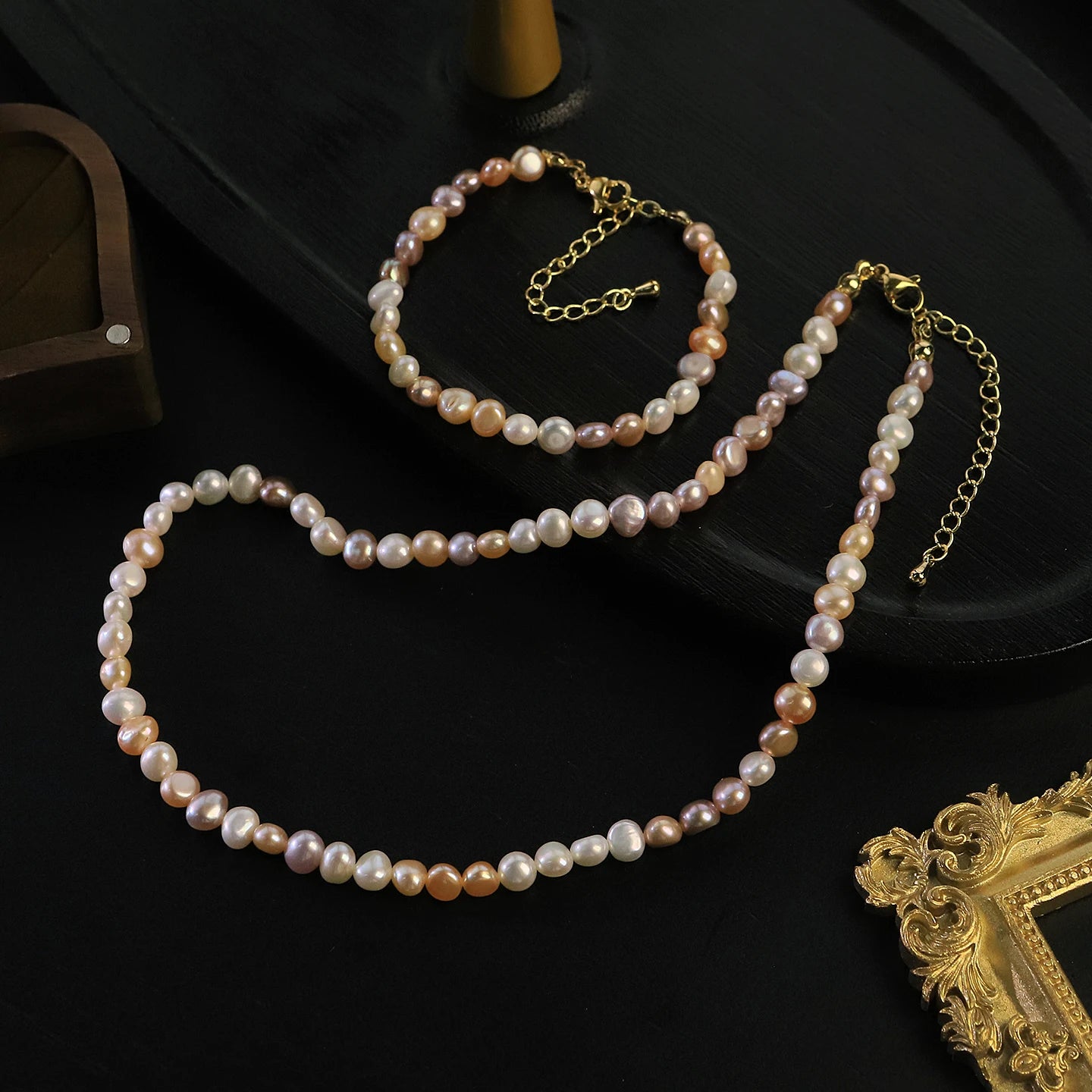 GLSEEVO Multicolour Natural Freshwater Pearl Necklace & Bracelet Set — Blush, Peach & Lavender