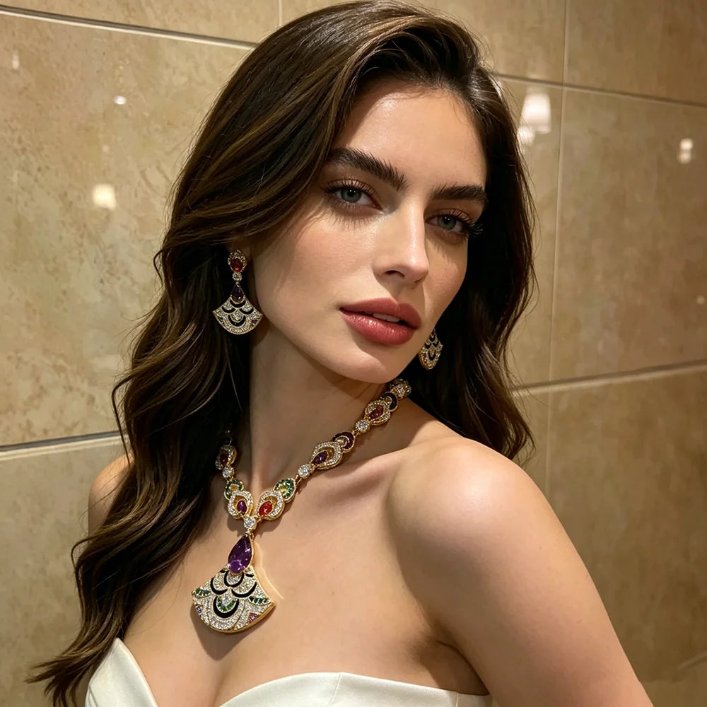 XM S417 Gold Plated Multicolour Crystal Enamel Fan & Teardrop Stone Pendant Necklace & Drop Earrings Set