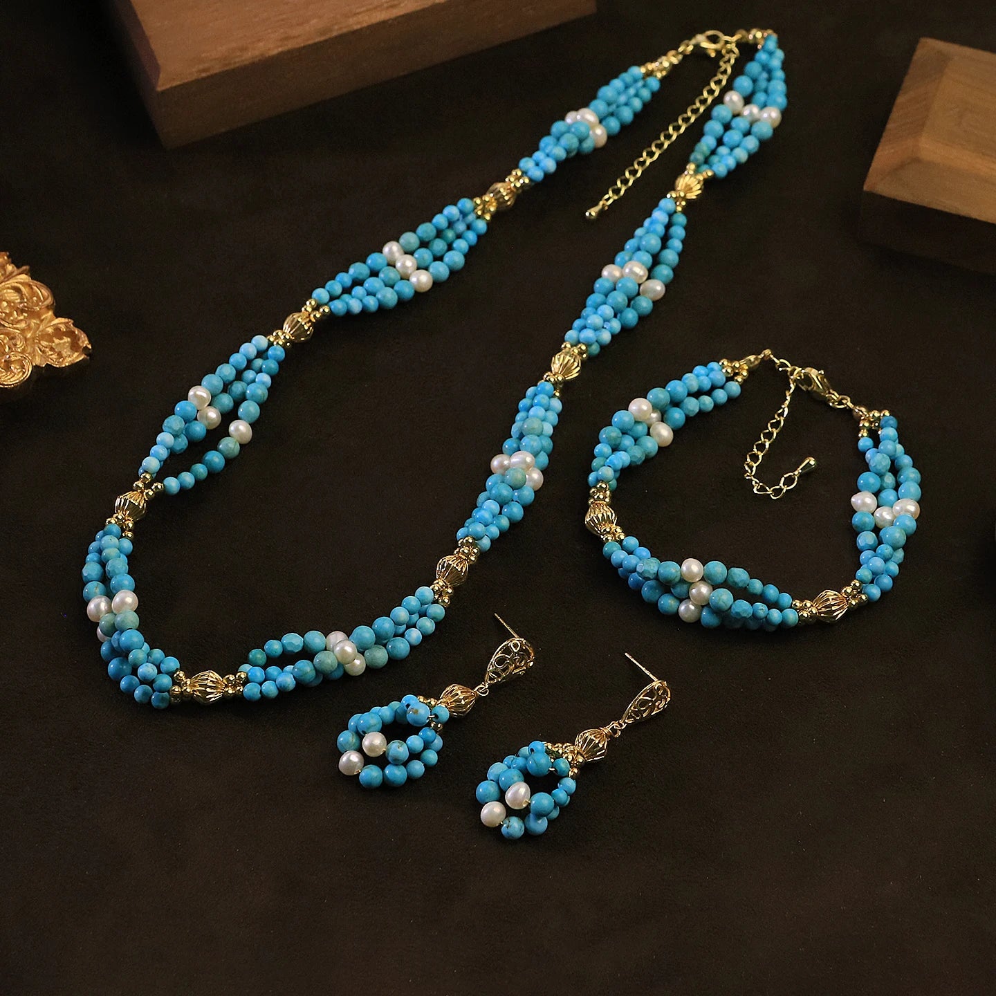 GLSEEVO Natural Pearl & Turquoise Three-Piece Necklace, Earrings & Bracelet Set — Bohemian Style | Blue