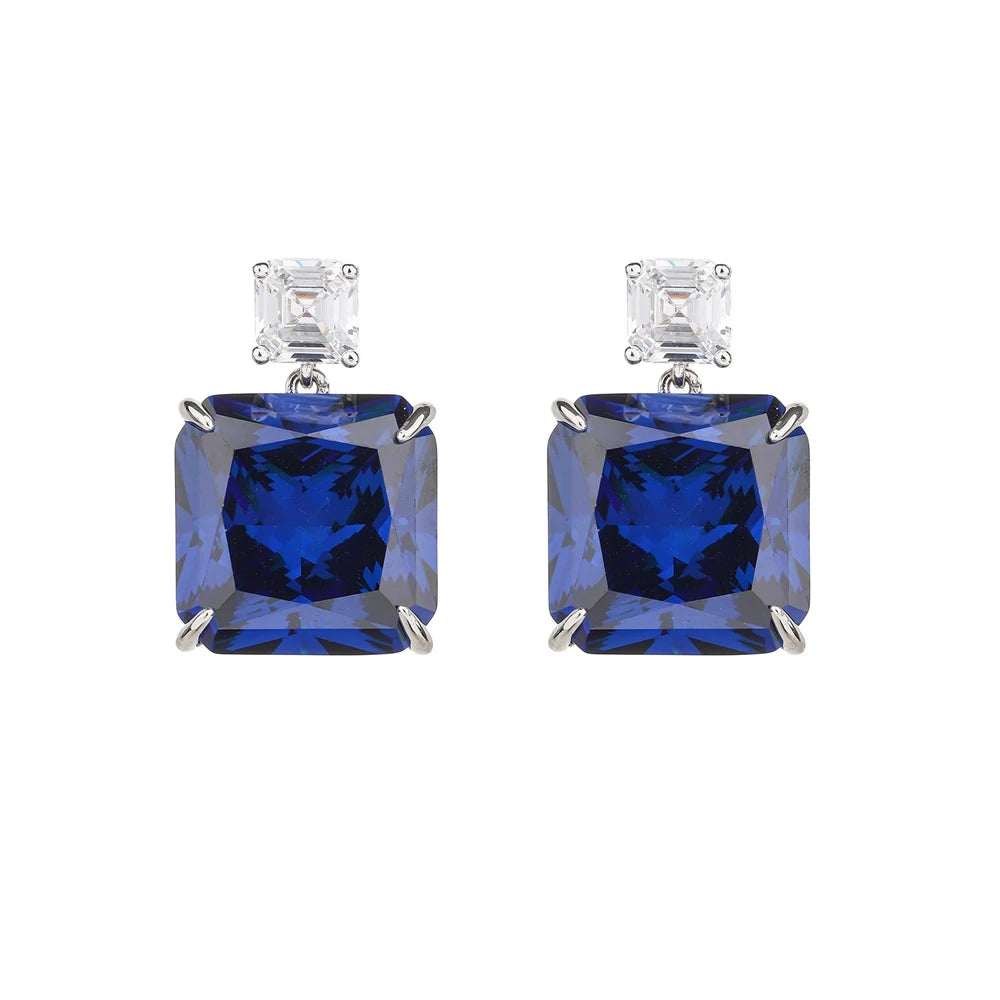 SILVERELLI Blue High Carbon Diamond Stud Earrings | S925 Sterling Silver | 18K Gold Plated | Classic Geometric
