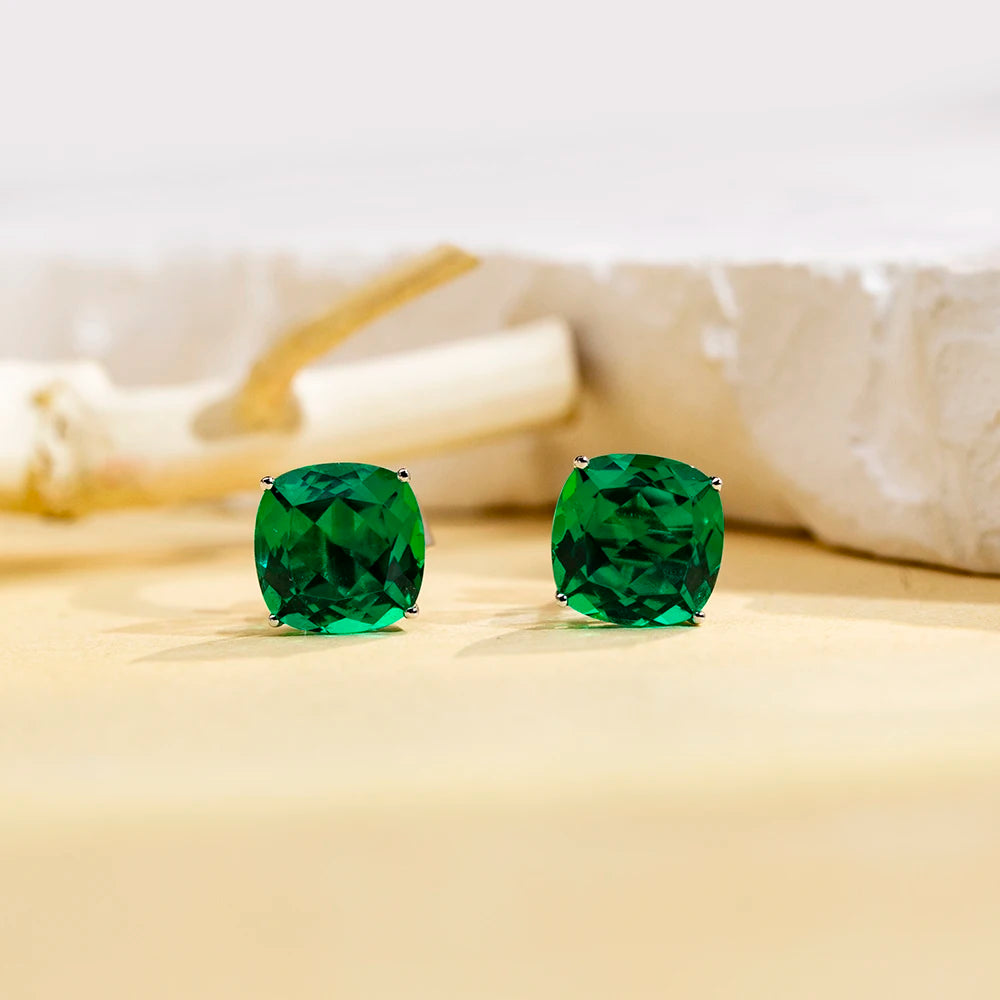 Messi Jewelry MSE-779  10K Gold 7*7mm Cushion Shape Lab Grown Emerald Earrings Engagement Dating Gift for Girls