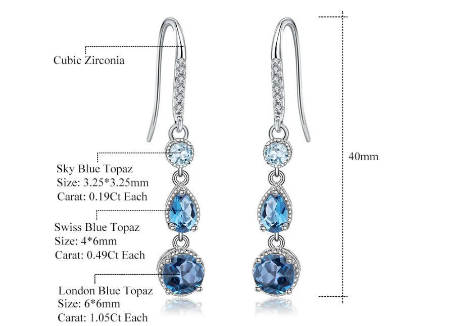 ArtistA Abiding Jewelry Custom Sterling Silver Natural Stone Blue Topaz Fish Hook Earrings Triple Drop Earrings for Gifts