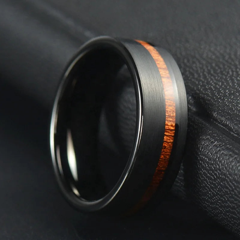 Non Tarnish Comfort Fit Hawaiian Koa Wood Inlay Brushed 8mm Black Tungsten Carbide Rings for Men Women
