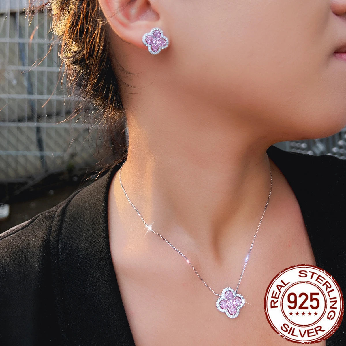 Real 925 Sterling Silver CZ Jewelry Set Pink Zircon Flower Dangle Pendant Stud Earrings Jewelry Set for Women Brides Daily Wear