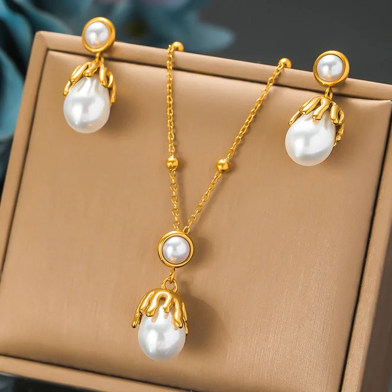 Gold Necklace & Earrings Jewellery Set | Square, Flower & Pearl Designs | Classic Fashion Set
