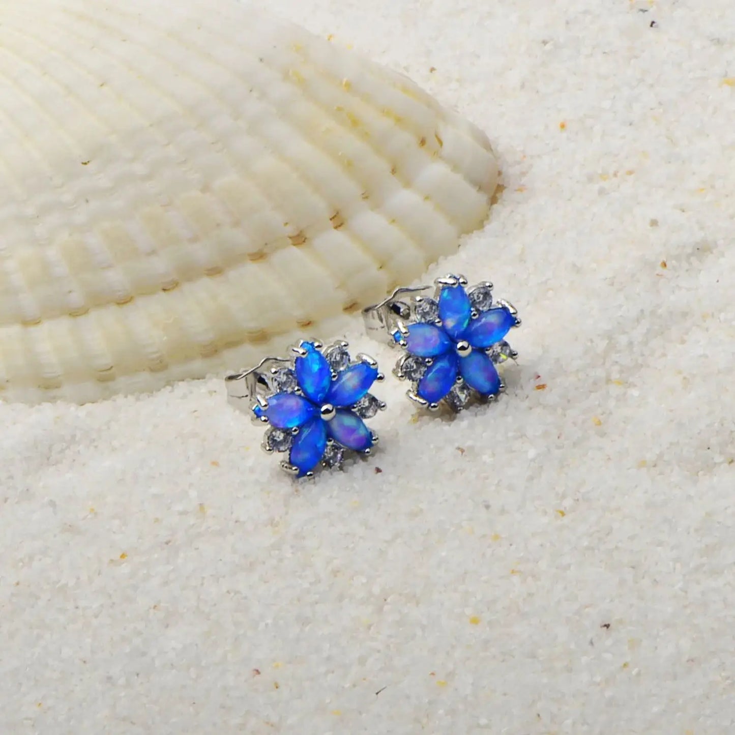 Aobao Women's Christian Bohemian Flower Silver Plated Brass Opal Stud Earrings Gift