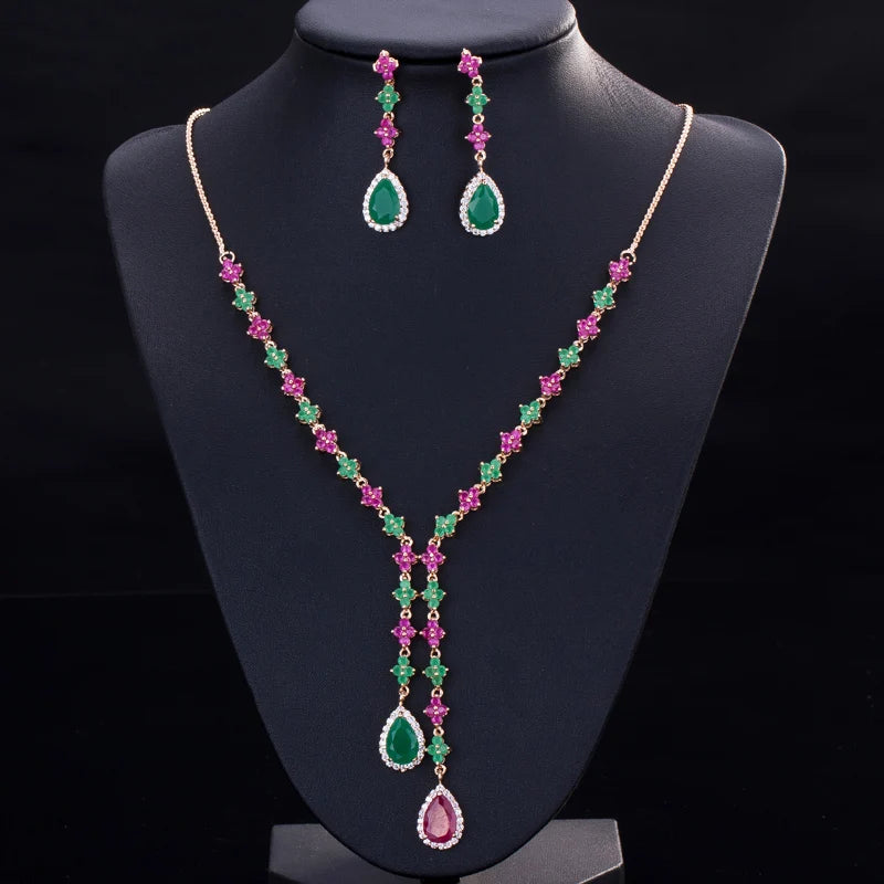 Fashion Mix Multicolor Cubic Zirconia Long Necklace and Earring Party Jewelry Set for Women Wedding Dress Accessories