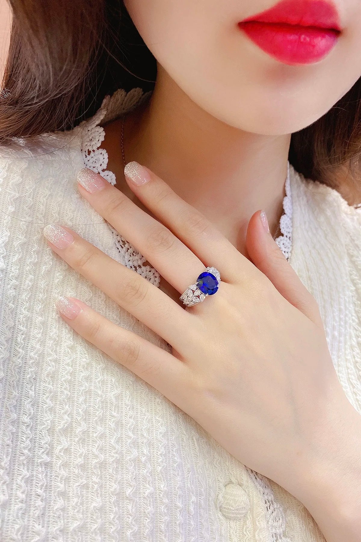 Gemfiori Custom 925 Sterling Silver 5CT Rhodium Plating Oval Diamond Prong Setting Lab Grown Sapphire Classic Wedding Engagement Ring for