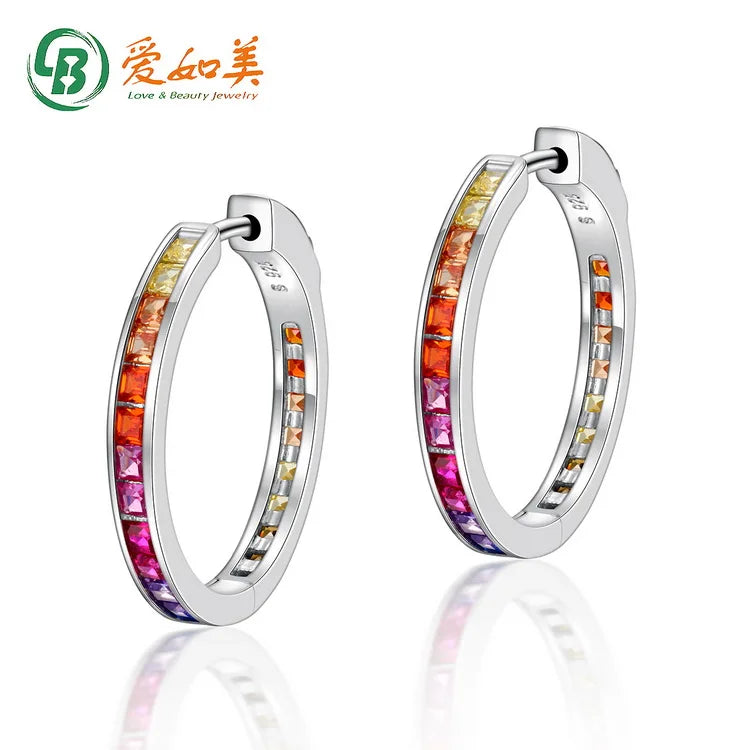 ArtistA Fashion Rainbow Jewelry Custom CZ 925 Sterling Silver Rhodium Plated Rainbow Color Cubic Zirconia Hoop Huggie Earrings for Women