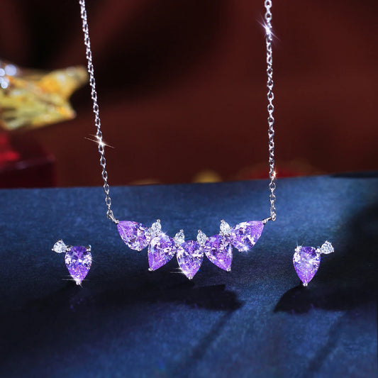 Purple Drop CZ Jewelry Set Zircon Pendant Necklace Jewelry Set for Lady Daily Wear Birthday Gift 925 Sterling Silver Jewelry