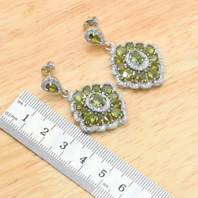 XOTICA 925 Silver Stamp Green Peridot Necklace Earring Set Luxury Wedding Party Jewelry for Women Gift Engagement Anniversary Zircon