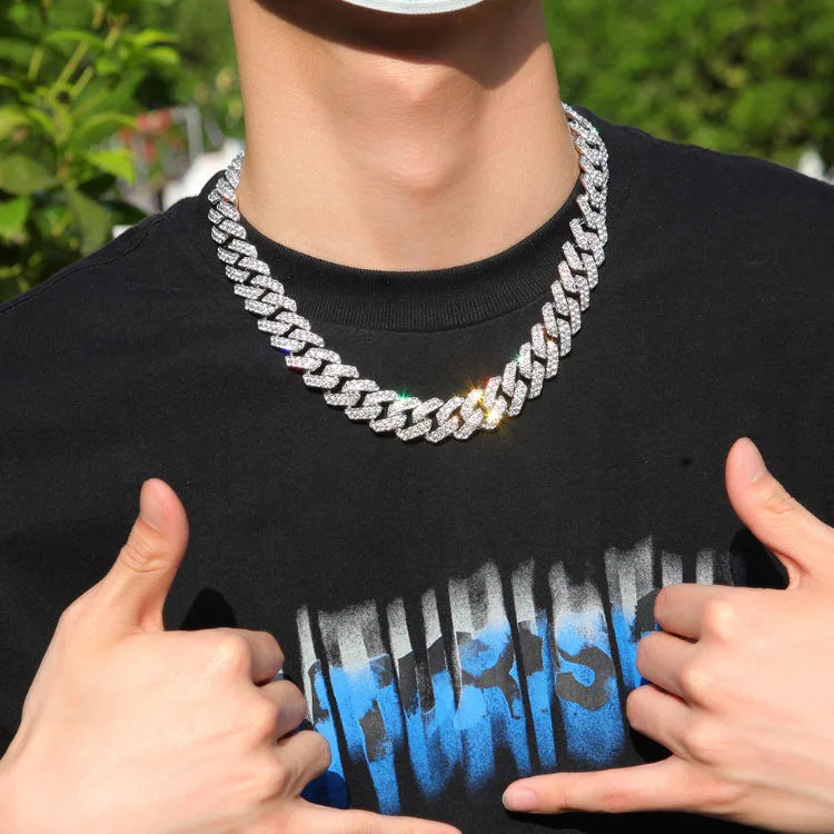 BiG-BOSS Austrian Rhinestone Quality Fashion Moon Iced Out 18mm Hip Hop Link Necklace Prong Cuban Link Chain Jewelry for Men with Clasp