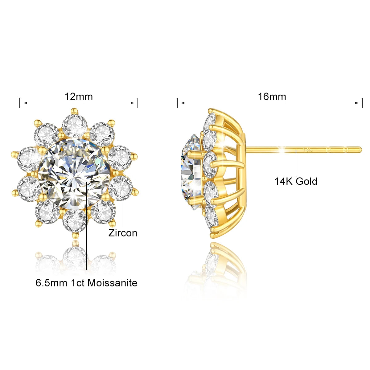 Gioiellieri Fine Jewelry Bijoux Woman Engagement Friendship Gift 1ct Moissanite Halo Sunflower Stud Earrings 14K Gold Hollow