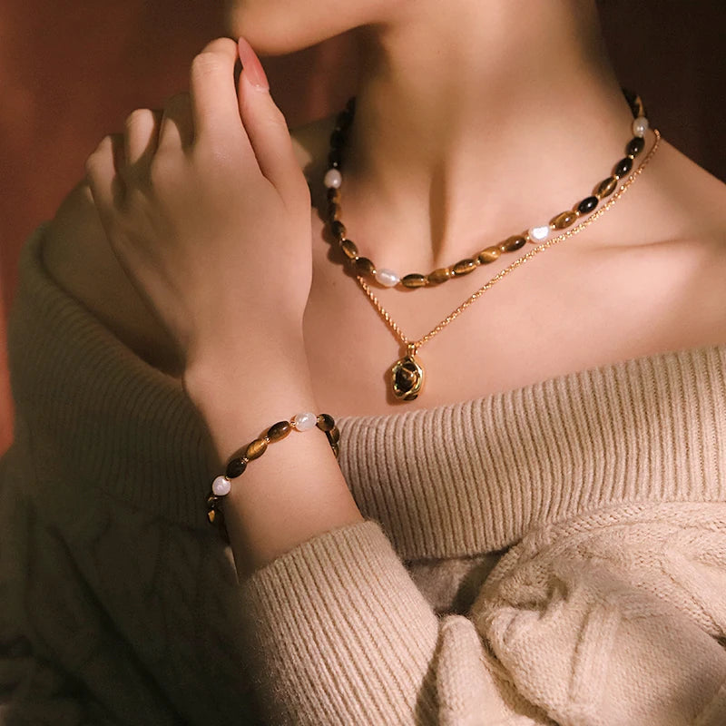 Natural Pearl Oval Tiger Eye Stone Pendant Necklace Bracelet New Design Creative Set Banquet Gift Women's Jewelry GS0220