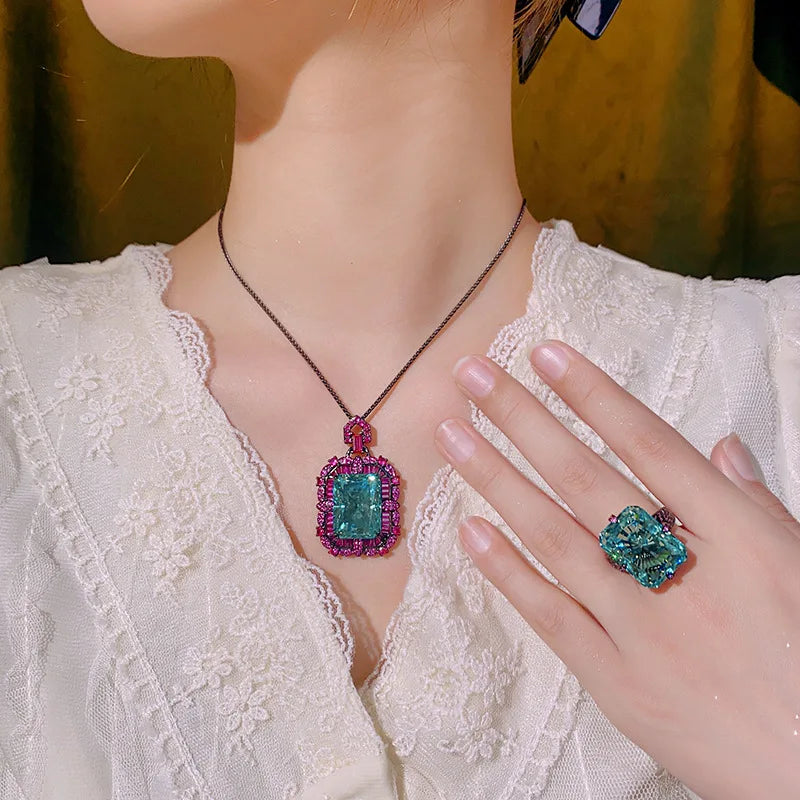 Gemfiori Jewelry Set Women's Retro Style Set Necklace Ring Copper Gold Plated Square Cutting 15 * 20 Wedding Party Zircon