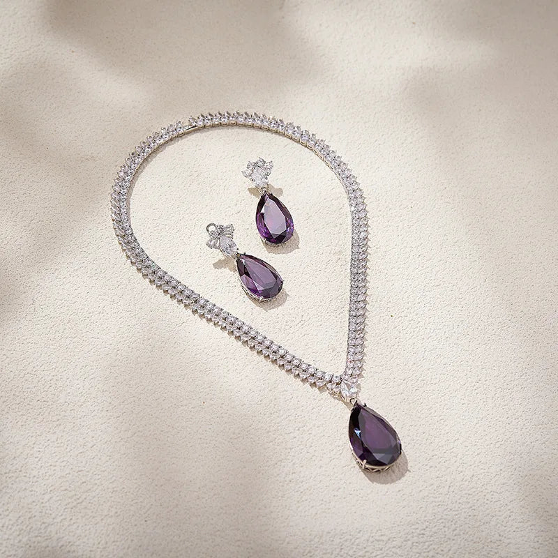 Luxury Design Large Teardrop Pendant Pear Cut Shiny Cubic Zirconia Luxury Women Party Jewelry Sets