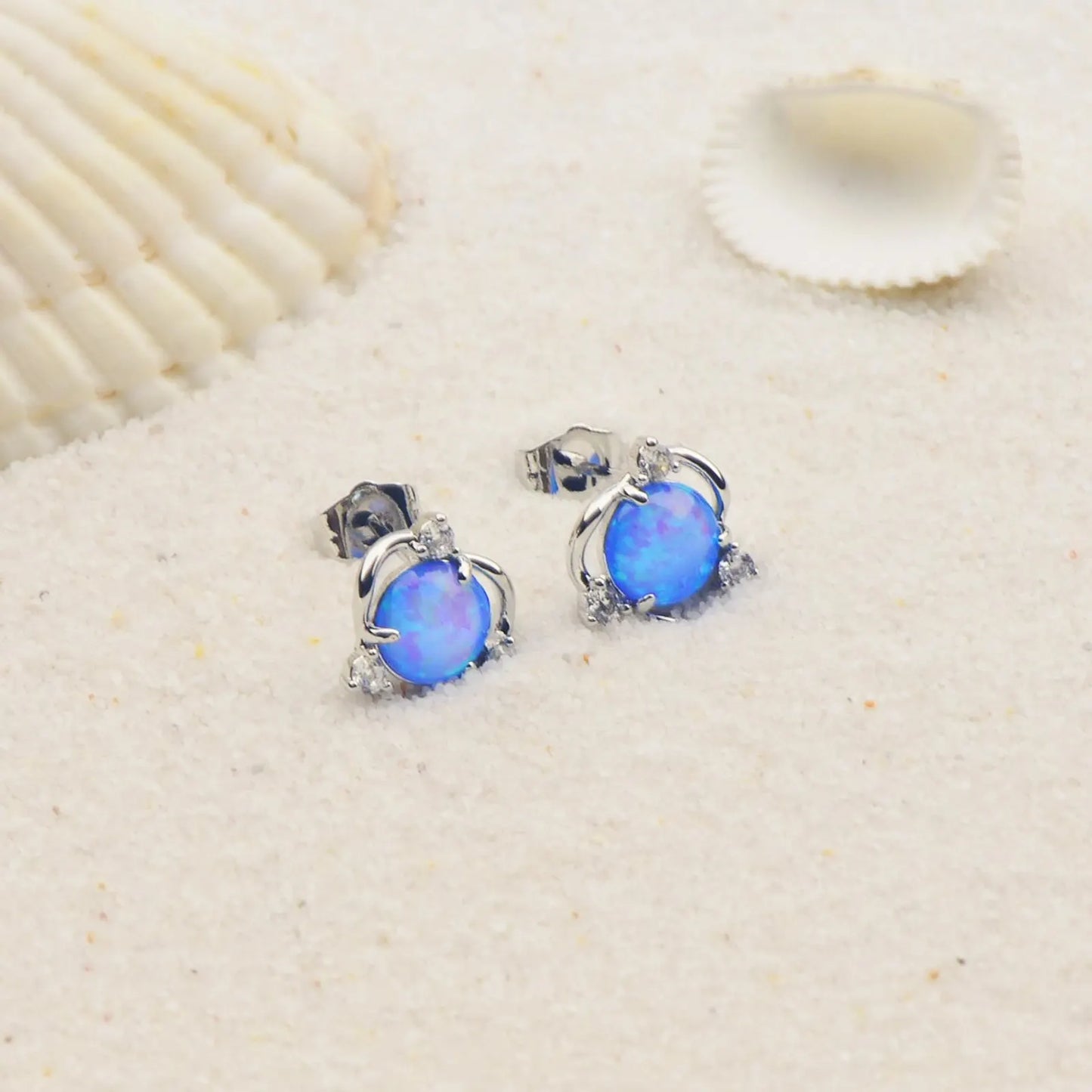 Geometric Opal Earrings - Blue Fire Opal Solitaire & CZ Accent Design | Elegant Formal Jewelry Bulk Gifts