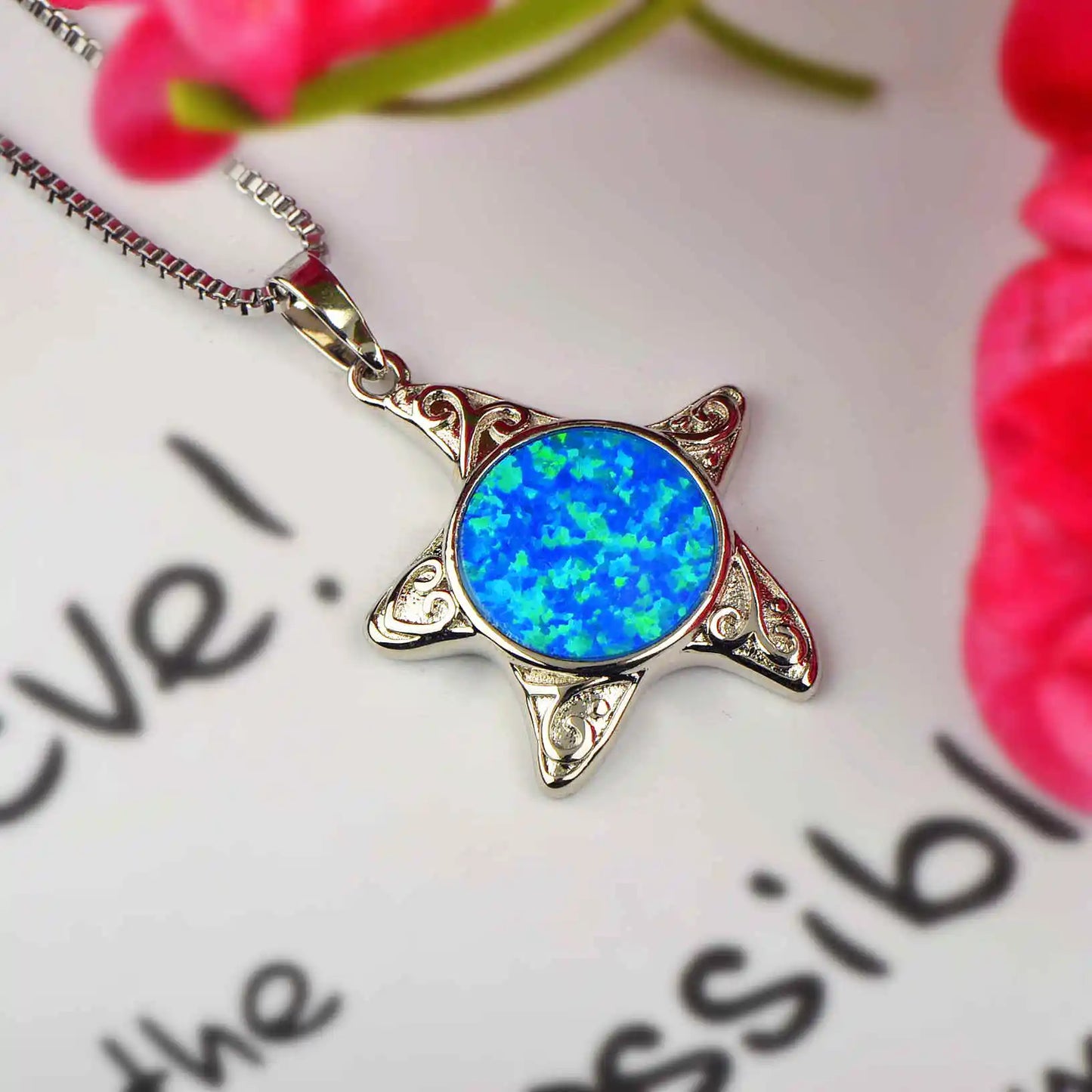 Aobao Trendy Blue Opalsea Star Sweater Chain Surfing Necklace Silver Plated Copper Alloy Inlaid Lab Created Opal