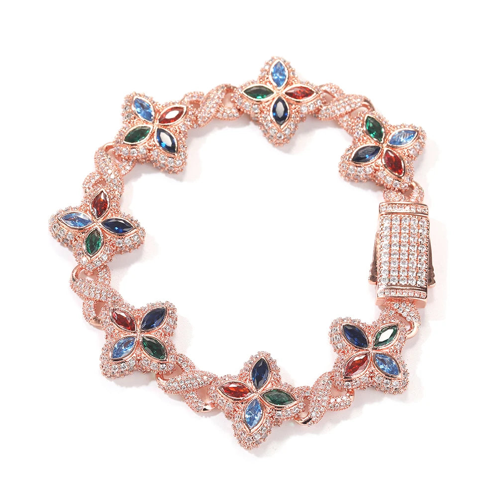 Fashion Hip Hop Jewelry 20mm Rose Gold Brass AAAAA CZ Colored Diamond Four Leaf Clover Infinity Link Bracelet