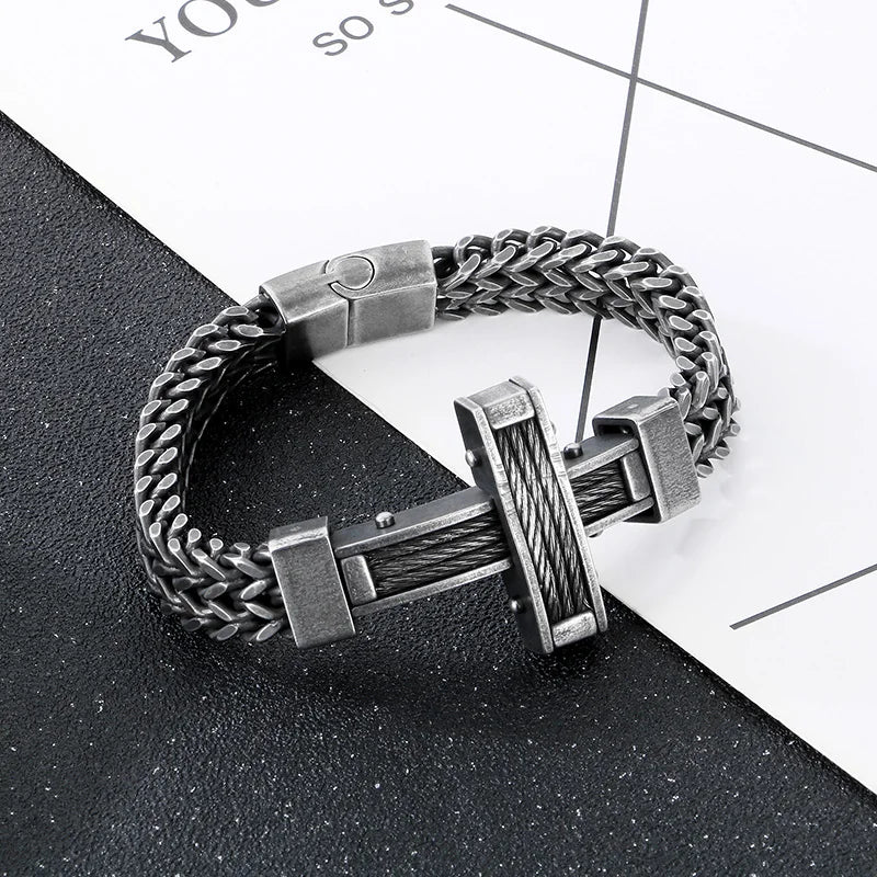 KALEN Men Vintage 220mm Oxidized Black Stainless Steel Christian Cross Herringbone Chain Bracelet