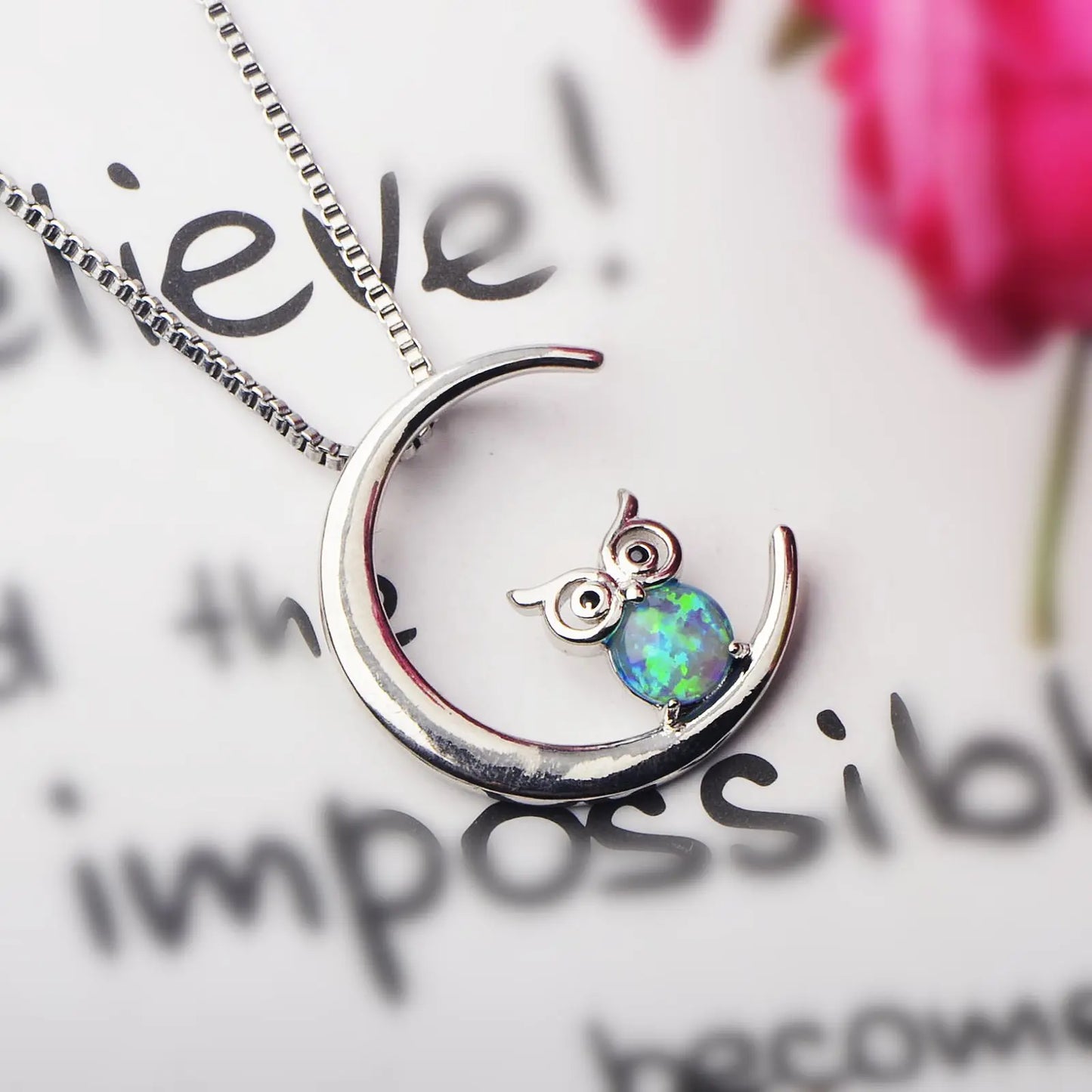 Celestial Moon Owl Copper Sweater Chain Blue Fire Opal Pendant Necklace-Women's Night Theme Jewelry | Whimsical Bulk Gift