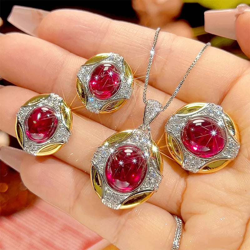 REDheart Copper Inlaid 18K Gold Plated Two-Color Open Ring Simulation Flower Design Women's Palace Style Niche Pendant Necklace Set