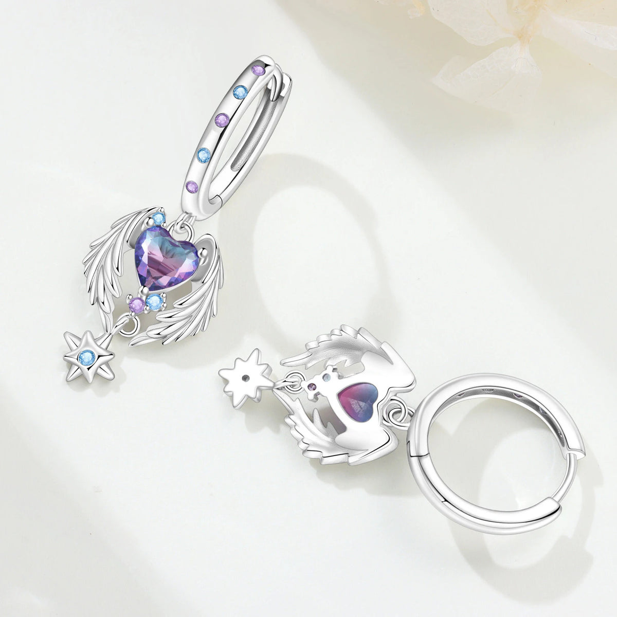 S&S Purple Ombré CZ Angel Wing & Star Drop Earrings – Silver Plated – Collection