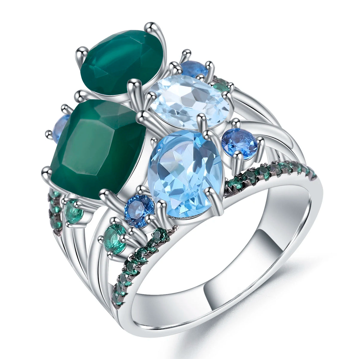 ArtistA Abiding Luxury Cluster Setting Silver Natural Green Agate Blue Topaz Multi-Stone Y-Necklace Ring and Dangle Drop Earrings Set