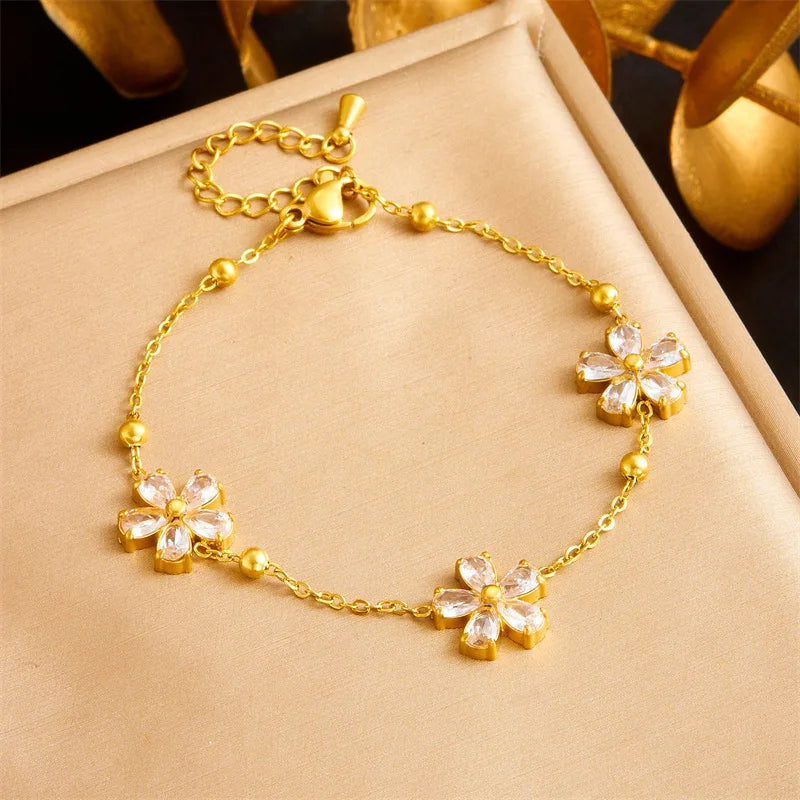 Gold Zircon Flower Necklace, Earrings & Bracelet Jewellery Set | Sparkling Luxury Set