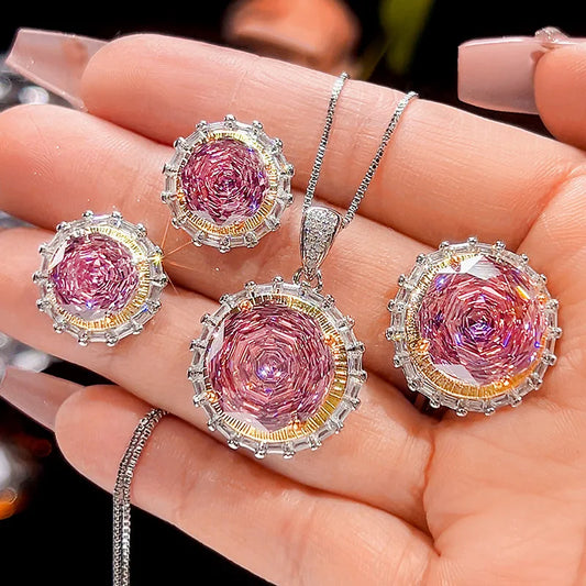 Gemfiori Bridal Banquet Casual Zircon Necklace Ring Women's Niche Rose Flower Zircon Earring Set