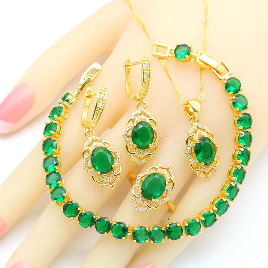 2023 New Band Green Cubic Zirconia Jewellery Sets for  Women With Bracelet Earrings Open Ring Pendent Necklace Set