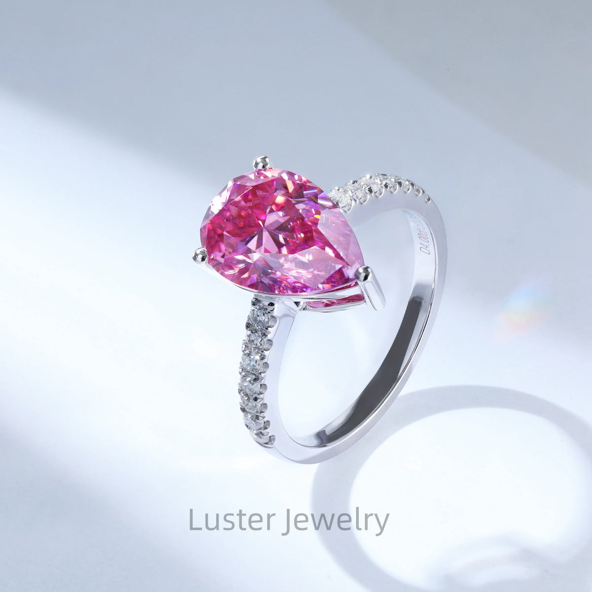 Gemfiori Luster Gorgeous Engagement 925 Sterling Silver 4.0ct Teardrop Shape Moissanite 10K/14K/18K Pink Pear Cut Moissanite Gold Ring