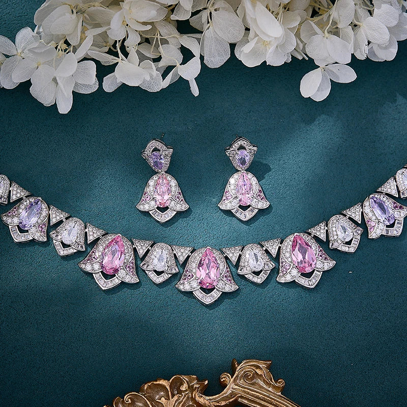 Brass Lily Necklace Earrings Bridal Wedding Accessories High Quality Electroplating Pink Purple Color High End Gift