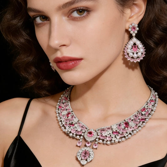 Bella Viva Luxury Pink Bridal Jewelry, Platinum Plated Brass & Cubic Zirconia Necklace and Earring Sets, for Wedding and Party