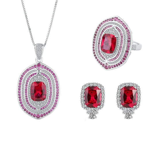 S&S Red Zircon Bridal Jewellery Set – Earrings, Pendant & Ring – Collection