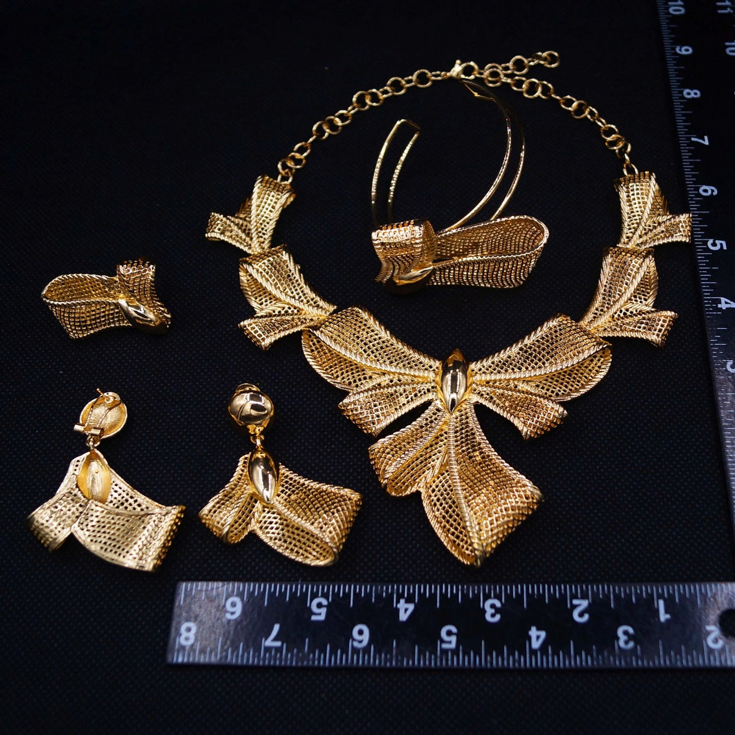 Zhuerrui New =Italian Jewelry 4-piece Set Gold Plated Bow Mesh Copper Ring Fashion Exquisite Ladies Party Jewelry Gift BoxH00774