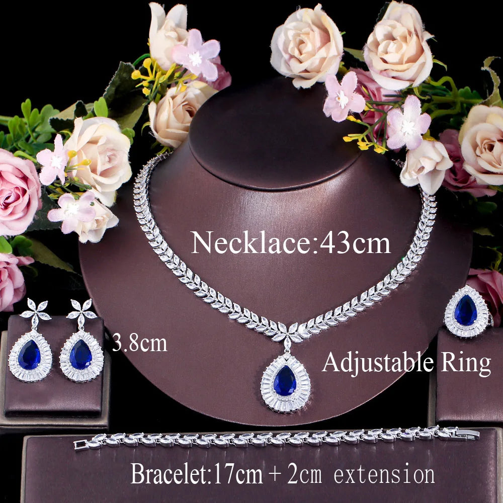 4 Pcs Wedding Jewelry Set Water Drop Royal Blue CZ Zirconia Necklace Earrings Ring Bracelet for Women Bridal Party Accessories