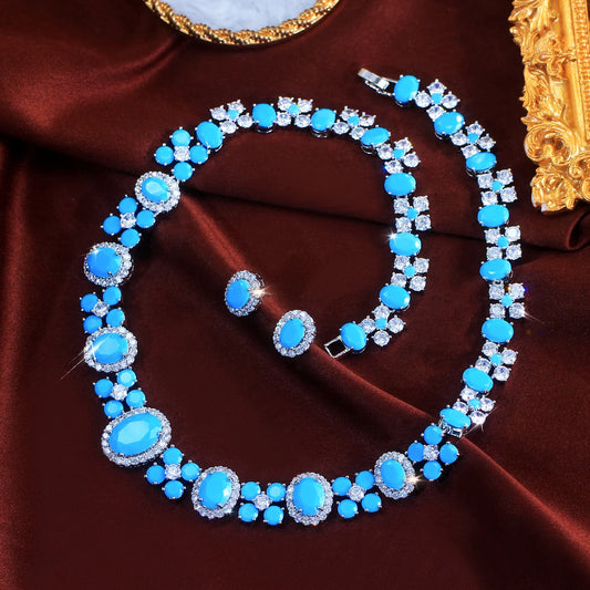 Charming Blue CZ Jewelry Set Turquoise Cubic Zirconia Oval Shaped Necklace Earrings Jewelry Set for Brides Wedding Costume Gift
