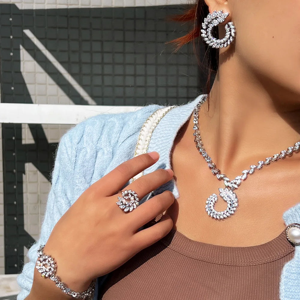 Bridals Big Olive Leaf Pendant Necklace and Earrings Jewelry Set Cubic Zirconia Bracelet Stud Earrings Ring Sets of Wedding