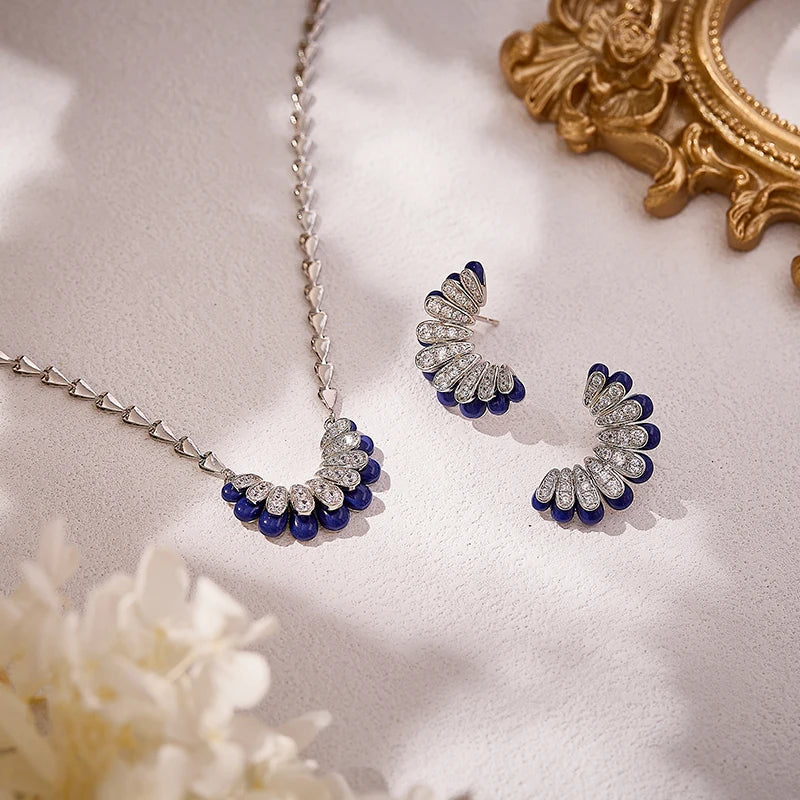 2025 New Cute Bent Moon Necklace Earrings Two-Piece Set Compact and Exquisite Brass Jewelry with Zircon for Men and Women