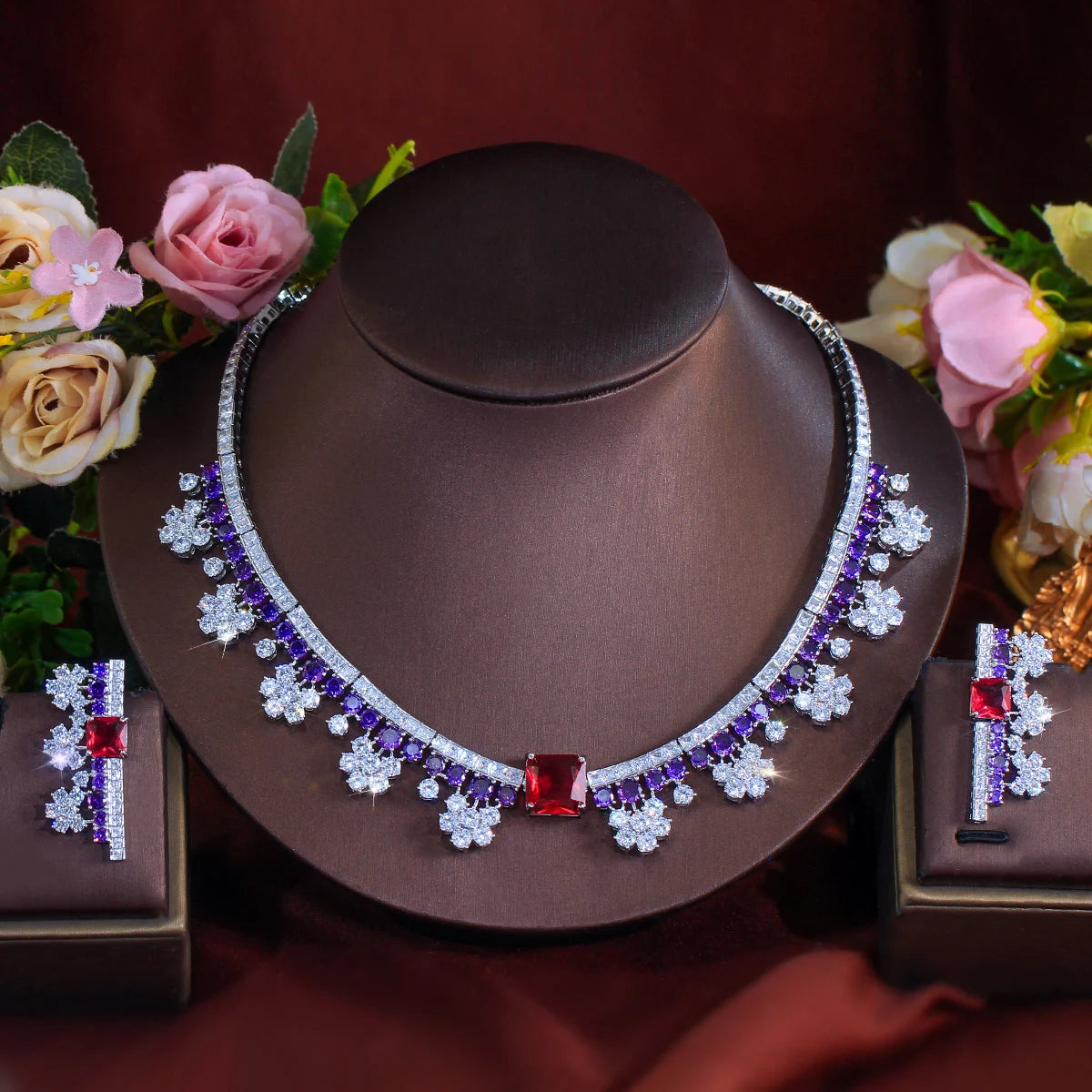 Gorgeous Flower Necklace and Earrings Purple Red Bridal Jewelry Set for Women Luxury Wedding Dress Accessories