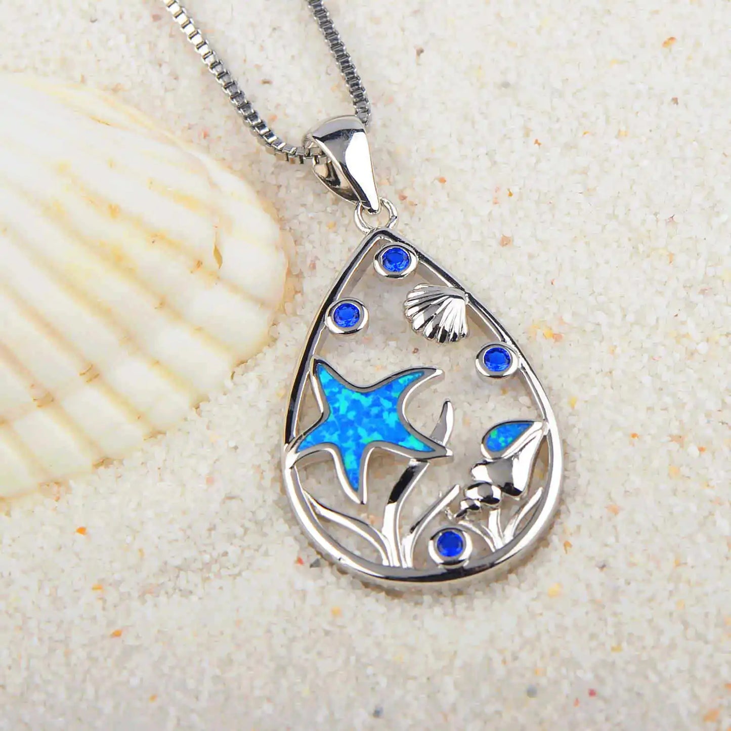 Fashion Trendy Christian Starfish Design Sparkling Blue Opal Silver Plated Copper Sweater Chain Necklace Women's Gift Occasion