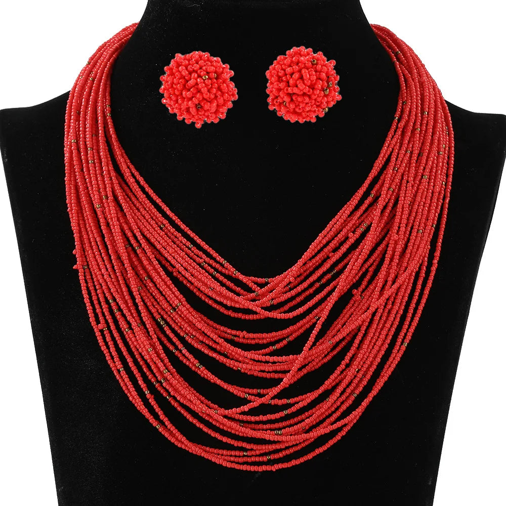 Bohemian Multi-Layer Rice Bead Necklace & Earrings Set | Retro Ethnic Style Glass Bead Jewellery | 9 Colours
