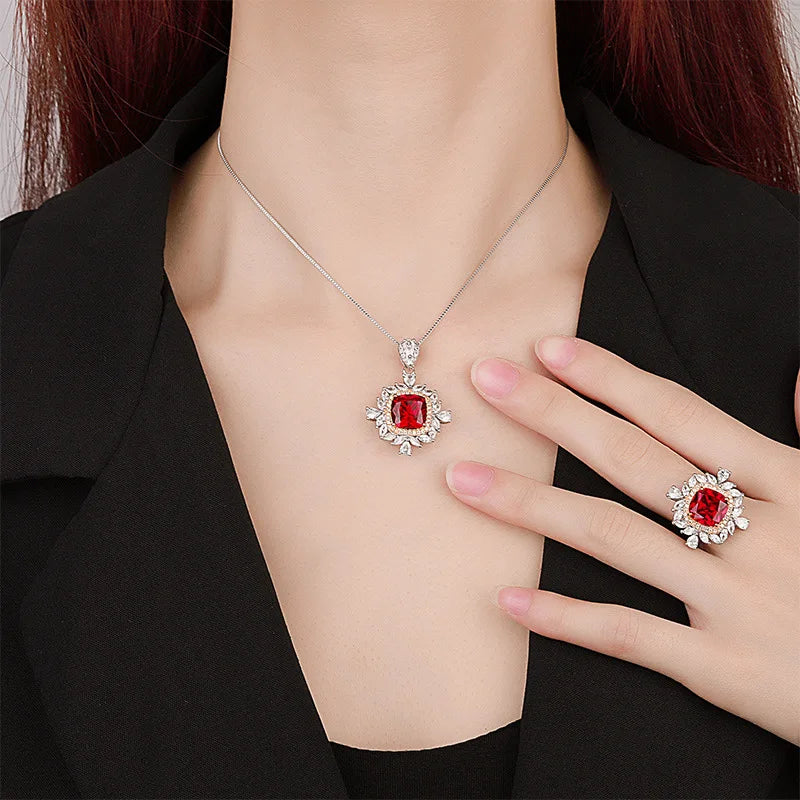 Gemfiori New European and American Retro Emerald Zircon Pendant Ring Sunflower Luxurious High-end Jewelry Set