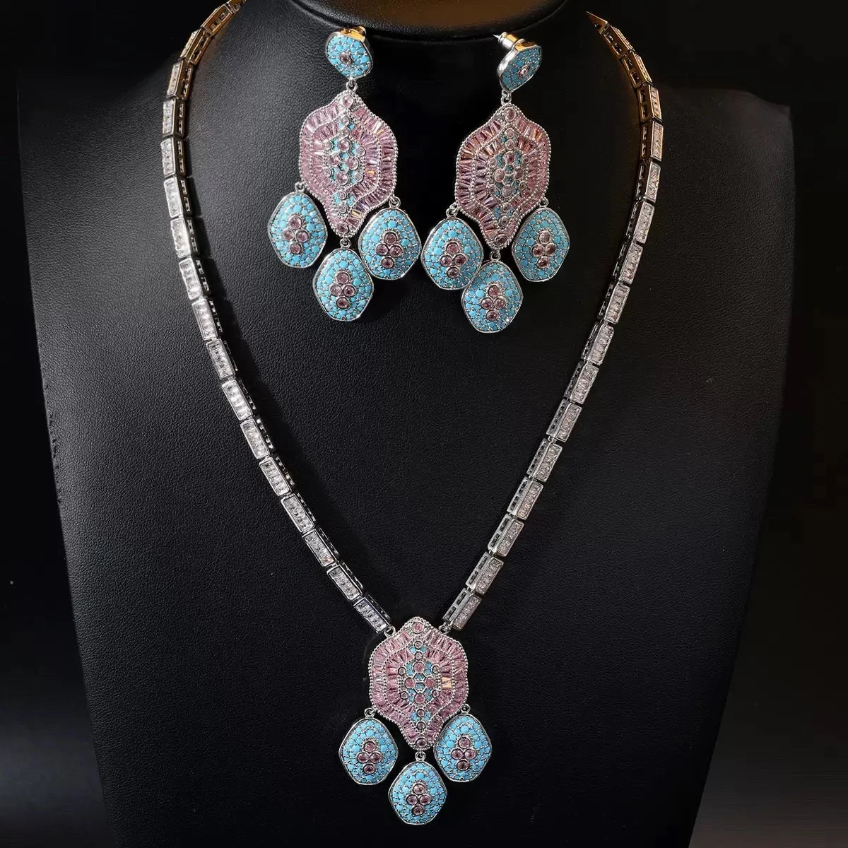 Bella Viva Vintage Pink and Blue Cubic Zirconia Necklace and Earring Sets, Platinum Plated Brass, Statement Jewelry for Party