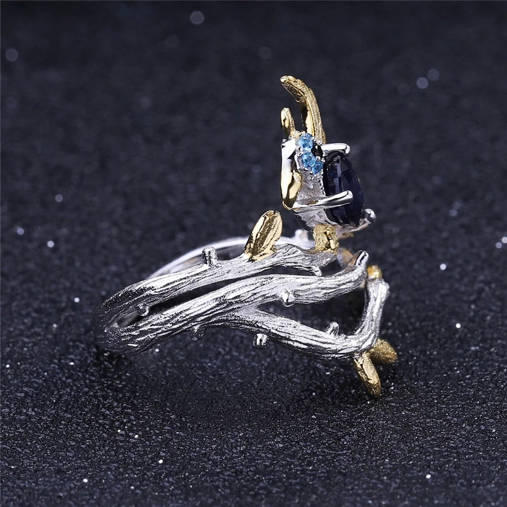 ArtistA Custom Designer S925 Jewelry Natural Gemstone Diffusion Sapphire 925 Sterling Silver Bird Tree Branch Ring