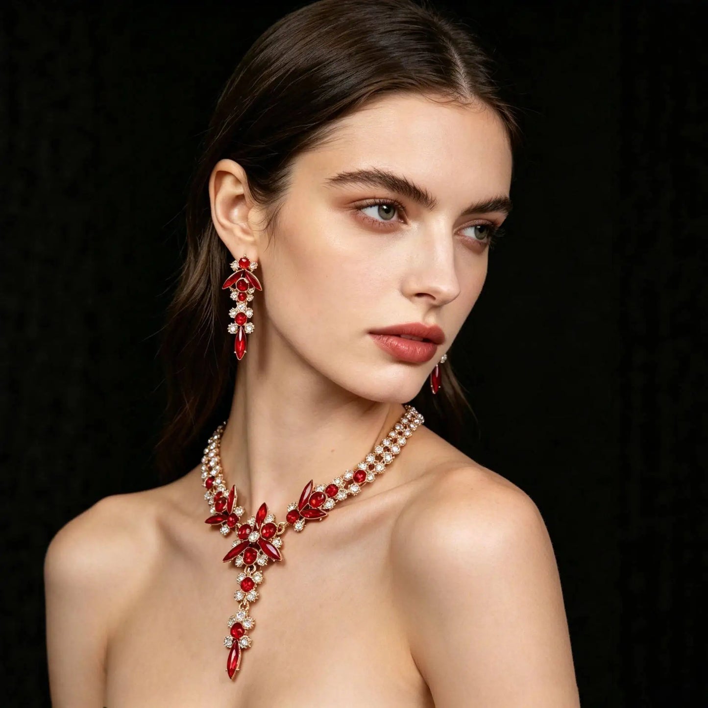 XM S340 Champagne Crystal Zircon Floral Necklace & Earrings Set
