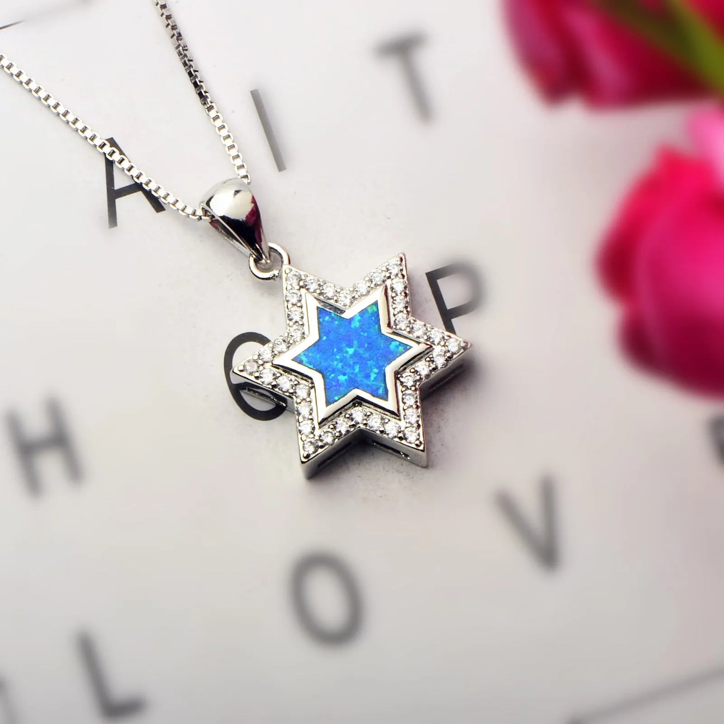 Aobao Women's Fashionable Brass Silver Plated Opal Necklace Blue Hexagonal Star Pendant Clavicle Box Chain Vintage Style Charm